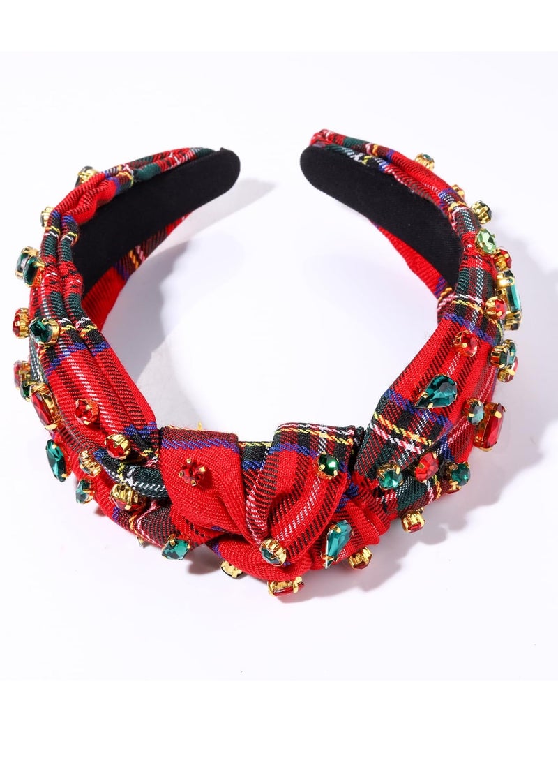 Boderier Christmas Headbands For Women Red Plaid Headband Jeweled Crystal Wide Knotted Headband Xmas Holiday Hair Accessories Gifts (Red Plaid)  - Image 4