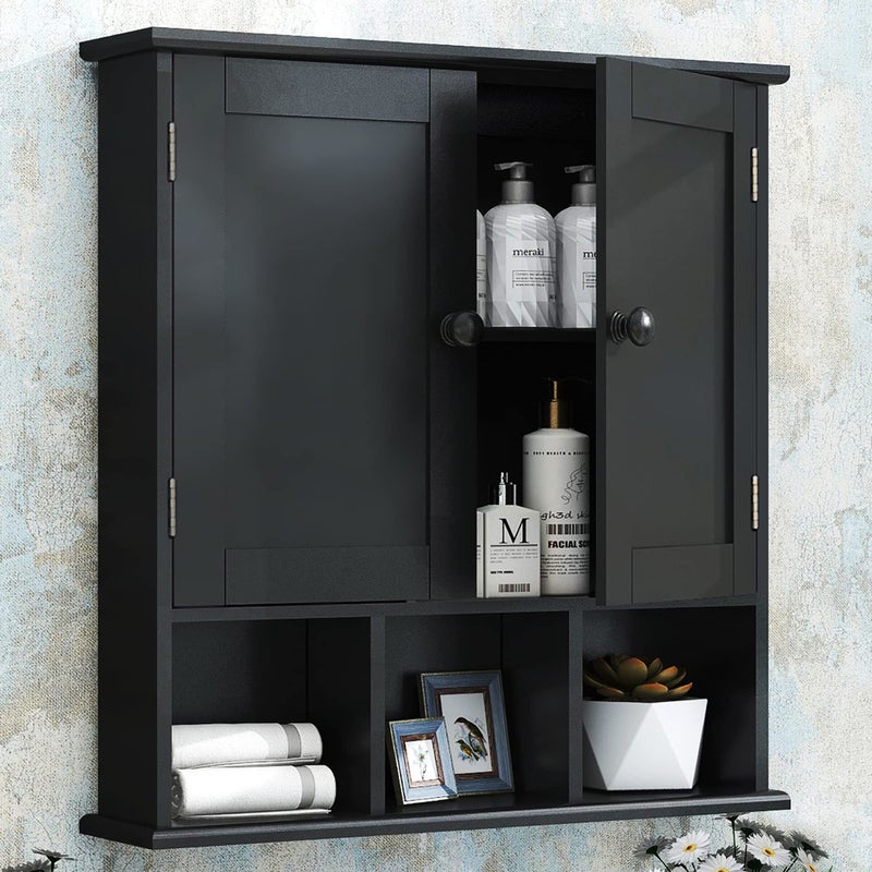 TaoHFE Black Bathroom Over The Toilet Storage Cabinet,Wall Medicine Cabinet Organizer with 2 Door Adjustable Shelves,Wooden Modern Bathroom Shelves Wall Mounted Laundry Room - Image 1