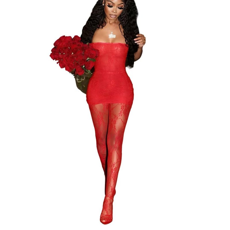 Kafiloe Sexy 2 Piece Outfits for Women Clubwear Lace Tube Mini Dress Top with Stockings Set Birthday Outfits Red 2XL - Image 2