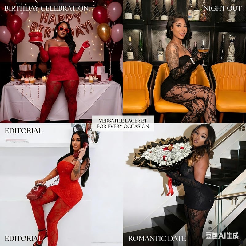 Kafiloe Sexy 2 Piece Outfits for Women Clubwear Lace Tube Mini Dress Top with Stockings Set Birthday Outfits Red 2XL - Image 4