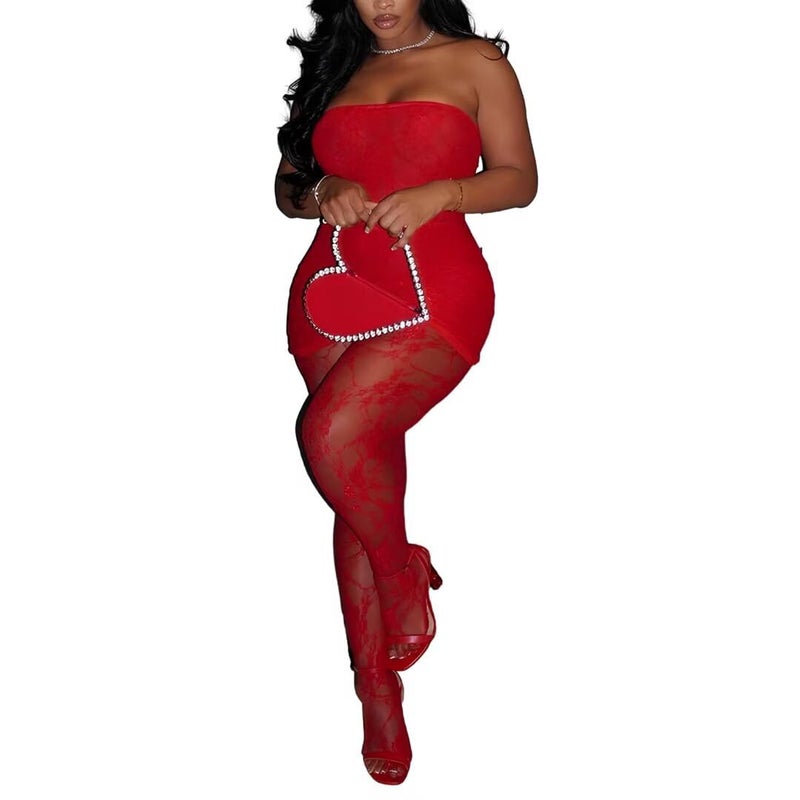 Kafiloe Sexy 2 Piece Outfits for Women Clubwear Lace Tube Mini Dress Top with Stockings Set Birthday Outfits Red 2XL - Image 1