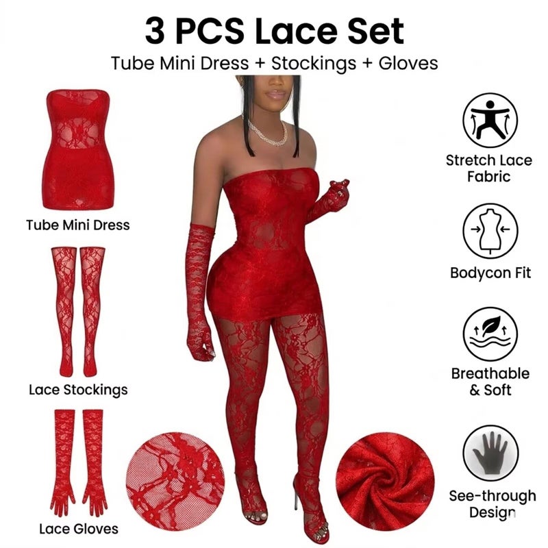 Kafiloe Sexy 2 Piece Outfits for Women Clubwear Lace Tube Mini Dress Top with Stockings Set Birthday Outfits Red 2XL - Image 5