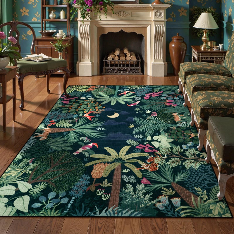 لايف بوكس سجادة لايف بوكس قابلة للغسل بنقشة حيوانات الغابة، مقاس 5x7، لون أزرق، مناسبة لغرفة المعيشة، سجاد مانع للانزلاق لغرفة نوم الأطفال، مناسبة لغرفة لعب الأولاد وغرفة الأطفال الرضع، سجادة ناعمة مقاومة للبقع باللونين الأزرق والأخضر لغرفة الأطفال وغرفة طعام الأولاد - Image 1