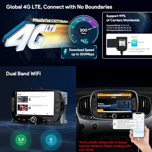 Xtrons ستيريو سيارة XTRONS دين واحد لفيات 500 2016-2020، أندرويد 13 ثماني النواة 4 جيجابايت رام 64 جيجابايت روم راديو سيارة، شاشة تعمل باللمس IPS 7 بوصة نظام تحديد المواقع GPS لوحدة رأس السيارة بلوتوث DSP كار بلاي أندرويد أوتو 4G LTE - Image 3