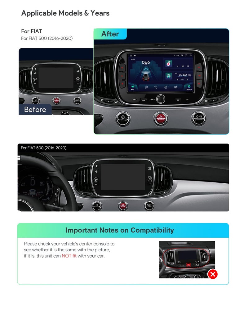 Xtrons ستيريو سيارة XTRONS دين واحد لفيات 500 2016-2020، أندرويد 13 ثماني النواة 4 جيجابايت رام 64 جيجابايت روم راديو سيارة، شاشة تعمل باللمس IPS 7 بوصة نظام تحديد المواقع GPS لوحدة رأس السيارة بلوتوث DSP كار بلاي أندرويد أوتو 4G LTE - Image 2