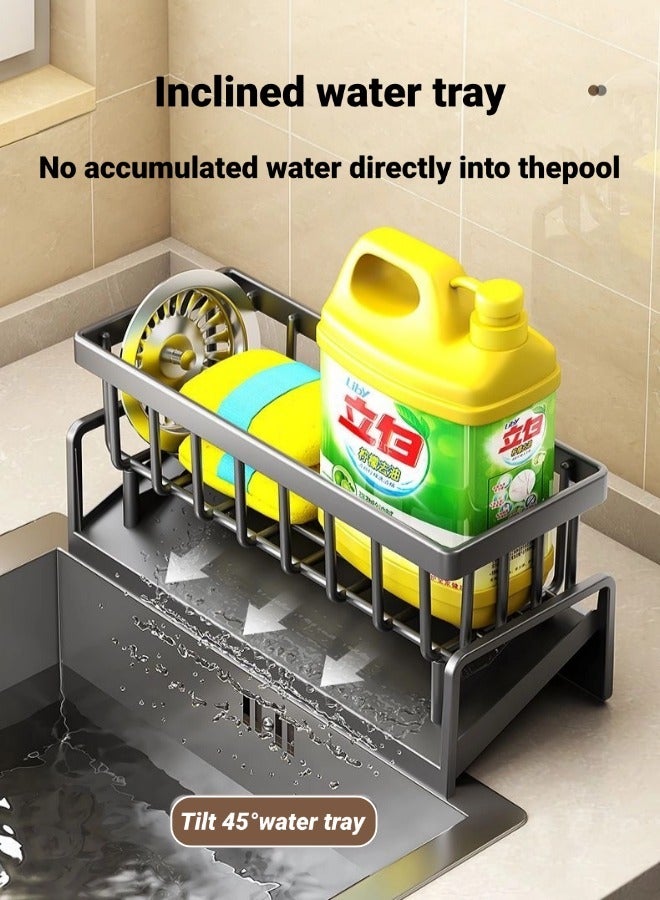 Dish Drying Rack, Kitchen Sink Storage Rack, Kitchen Sponge Holder, Rod Sink Drying Drainer Rack, Sink Caddy with Tilting Auto Drain Pan, Bathroom Storage Rack, For Bathroom and Kitchen Supplies（Black with Removable Towel Rack） - Image 4