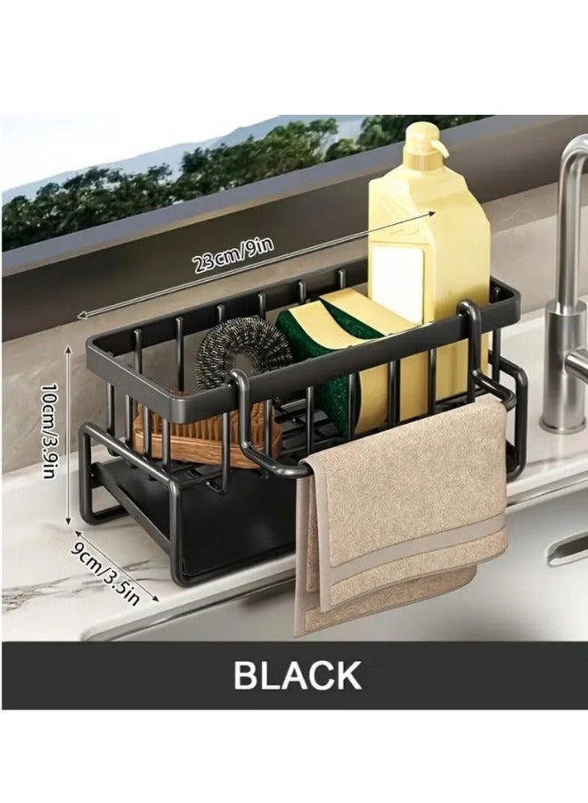 Dish Drying Rack, Kitchen Sink Storage Rack, Kitchen Sponge Holder, Rod Sink Drying Drainer Rack, Sink Caddy with Tilting Auto Drain Pan, Bathroom Storage Rack, For Bathroom and Kitchen Supplies（Black with Removable Towel Rack） - Image 2