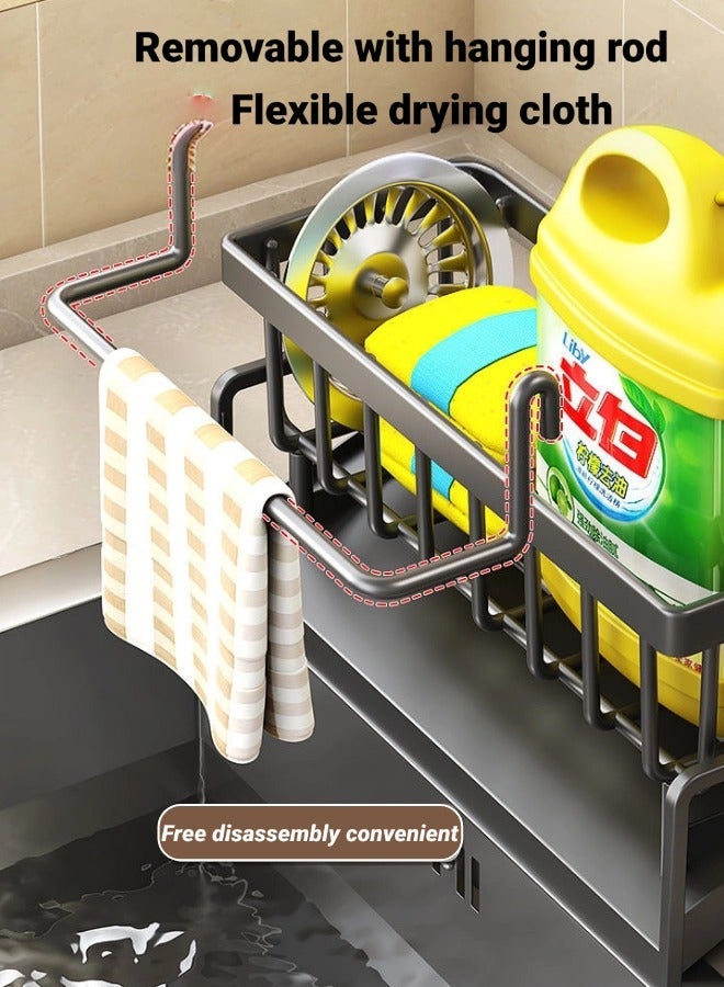 Dish Drying Rack, Kitchen Sink Storage Rack, Kitchen Sponge Holder, Rod Sink Drying Drainer Rack, Sink Caddy with Tilting Auto Drain Pan, Bathroom Storage Rack, For Bathroom and Kitchen Supplies（Black with Removable Towel Rack） - Image 3