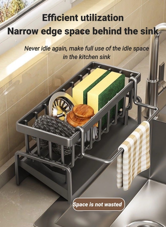 Dish Drying Rack, Kitchen Sink Storage Rack, Kitchen Sponge Holder, Rod Sink Drying Drainer Rack, Sink Caddy with Tilting Auto Drain Pan, Bathroom Storage Rack, For Bathroom and Kitchen Supplies（Black with Removable Towel Rack） - Image 5