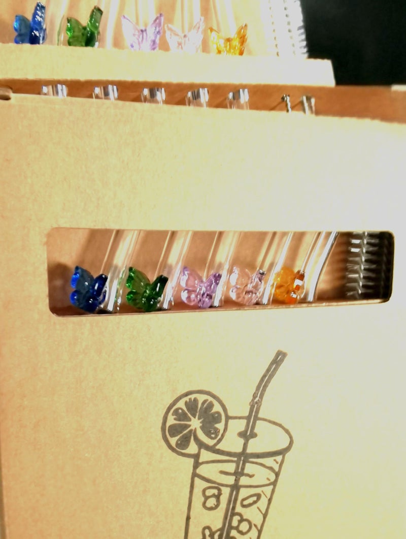 Melostu 5 Pcs Reusable Glass Straws,Colorful Butterfly on Clear Straws With Design 7.9in X 8mm Shatter Resistant Bent Drinking Straws with 2 Cleaning Brushes for Shakes,Juices,Smoothies, Cocktails - Image 4