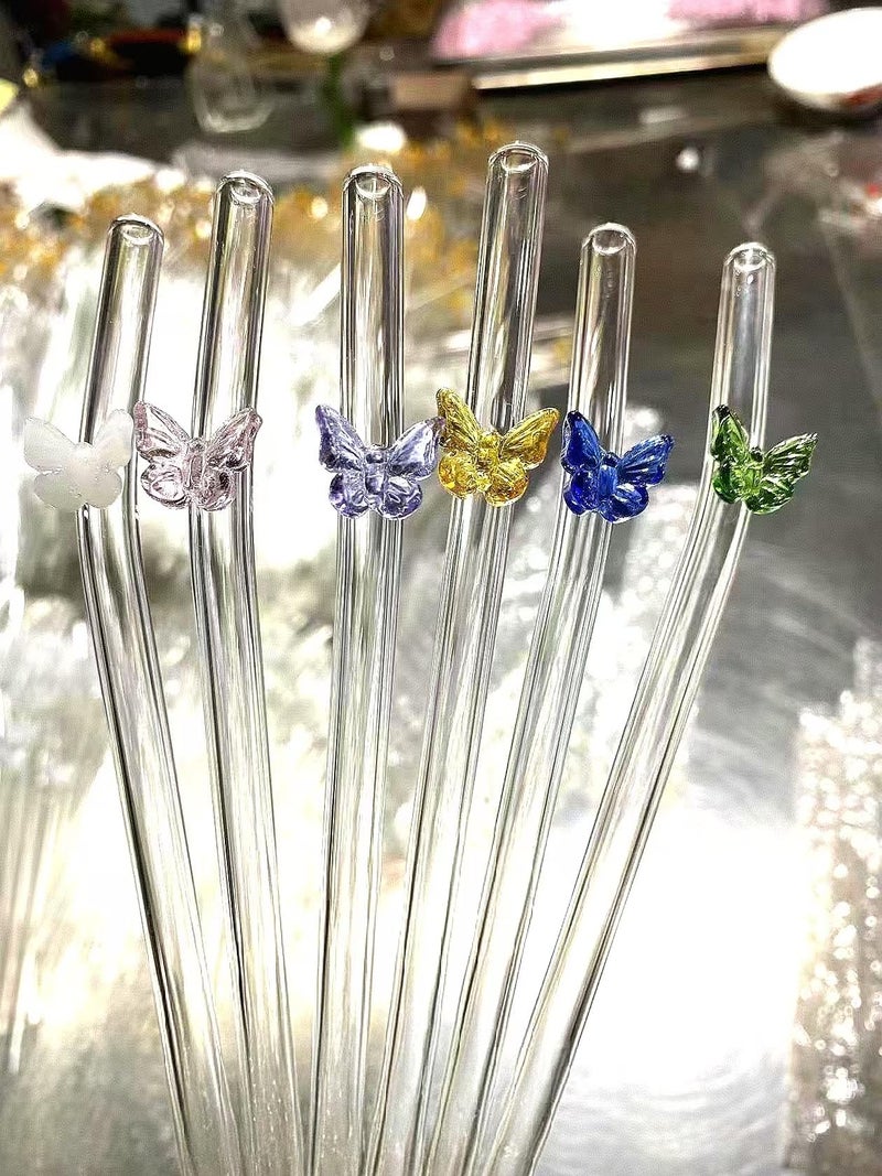 Melostu 5 Pcs Reusable Glass Straws,Colorful Butterfly on Clear Straws With Design 7.9in X 8mm Shatter Resistant Bent Drinking Straws with 2 Cleaning Brushes for Shakes,Juices,Smoothies, Cocktails - Image 2