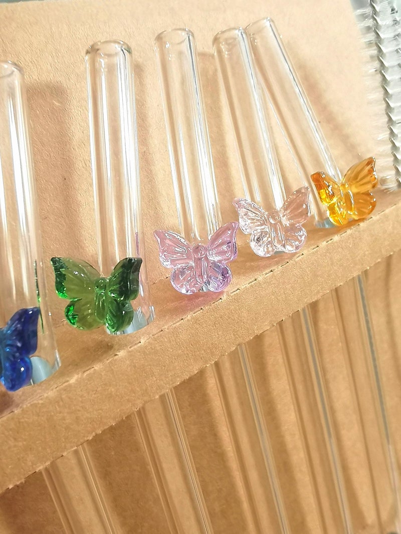 Melostu 5 Pcs Reusable Glass Straws,Colorful Butterfly on Clear Straws With Design 7.9in X 8mm Shatter Resistant Bent Drinking Straws with 2 Cleaning Brushes for Shakes,Juices,Smoothies, Cocktails - Image 3