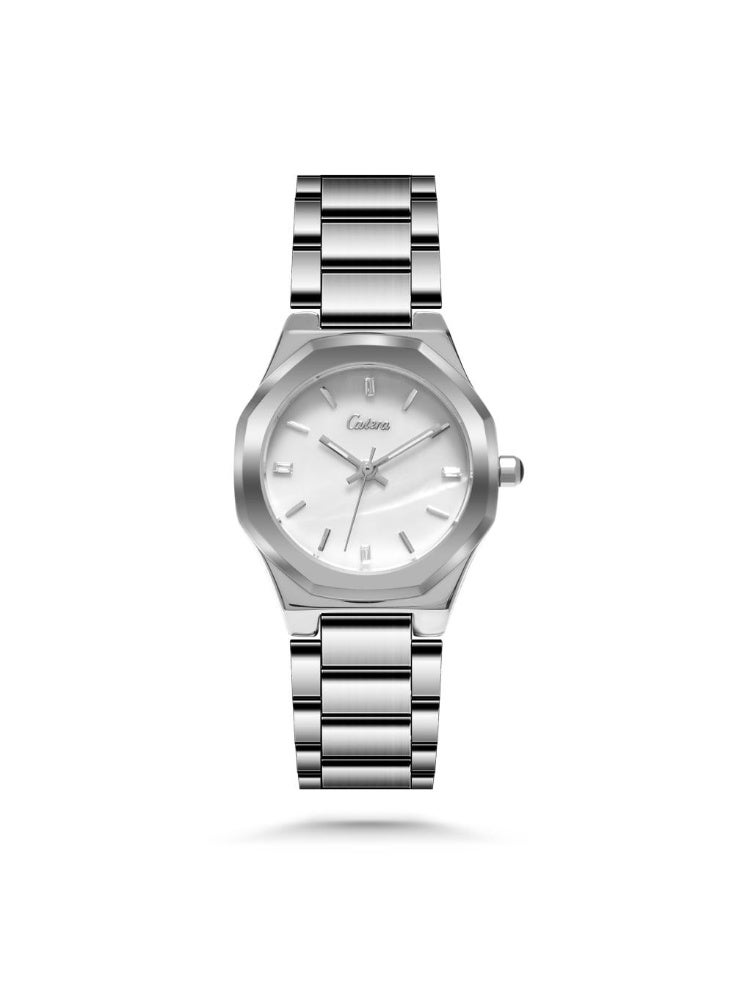 كاتيرا ساعة يد نسائية أنيقة ضد الماء وبجودة عالية سوار فضي مع ميناء أبيض