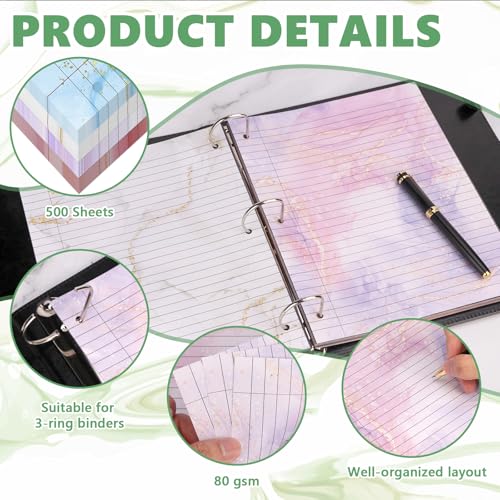OKWUYiK 500 Sheets 8×10.5 Inch Colored Loose Leaf Paper Wide Ruled for 3-Ring Binder 11/32" Spacing Colored Marble Lined Filler Notebook Paper Wide Ruled 3-Hole Punched 80gsm for School Office - Image 3