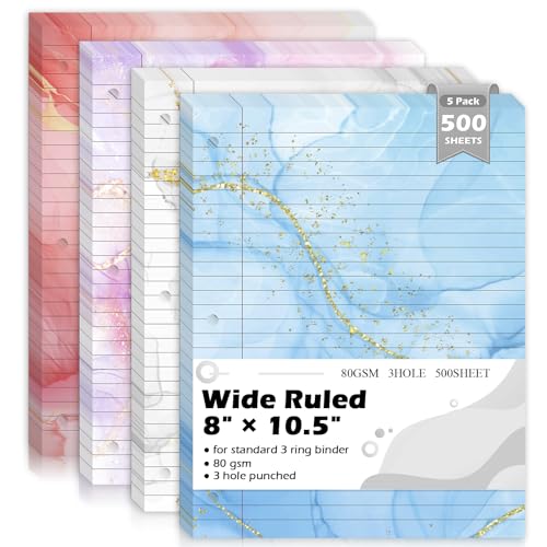 OKWUYiK 500 Sheets 8×10.5 Inch Colored Loose Leaf Paper Wide Ruled for 3-Ring Binder 11/32" Spacing Colored Marble Lined Filler Notebook Paper Wide Ruled 3-Hole Punched 80gsm for School Office - Image 1