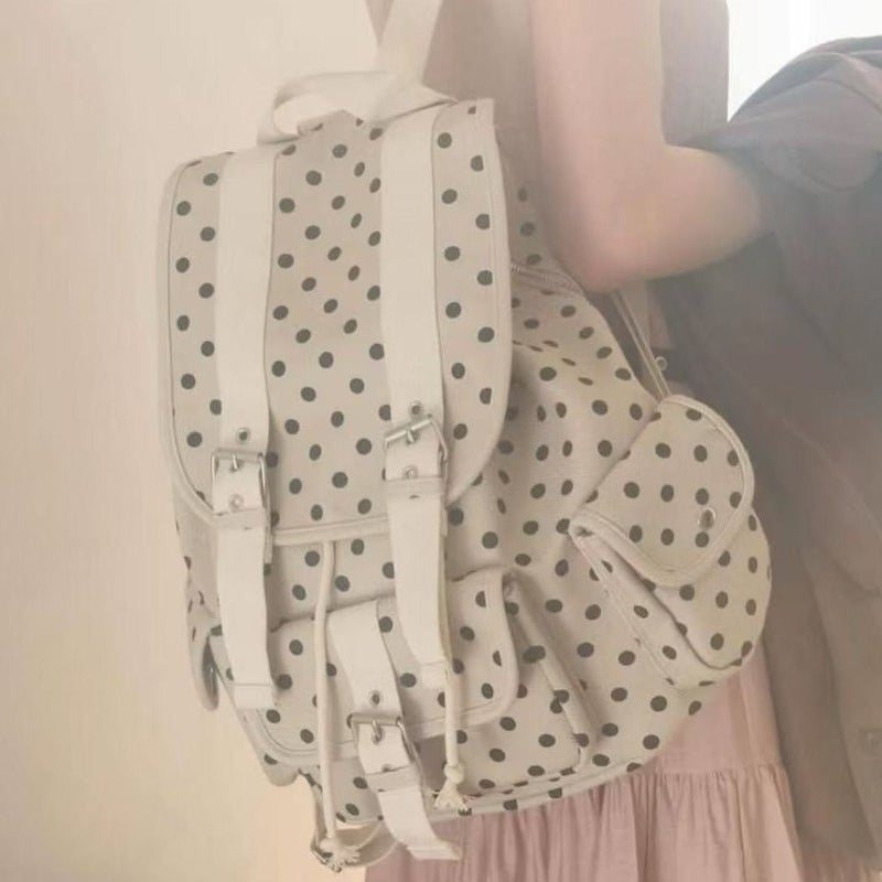 Newjeans Style Korean Retro Polka Dot Backpack, Large Capacity Cotton - Image 2