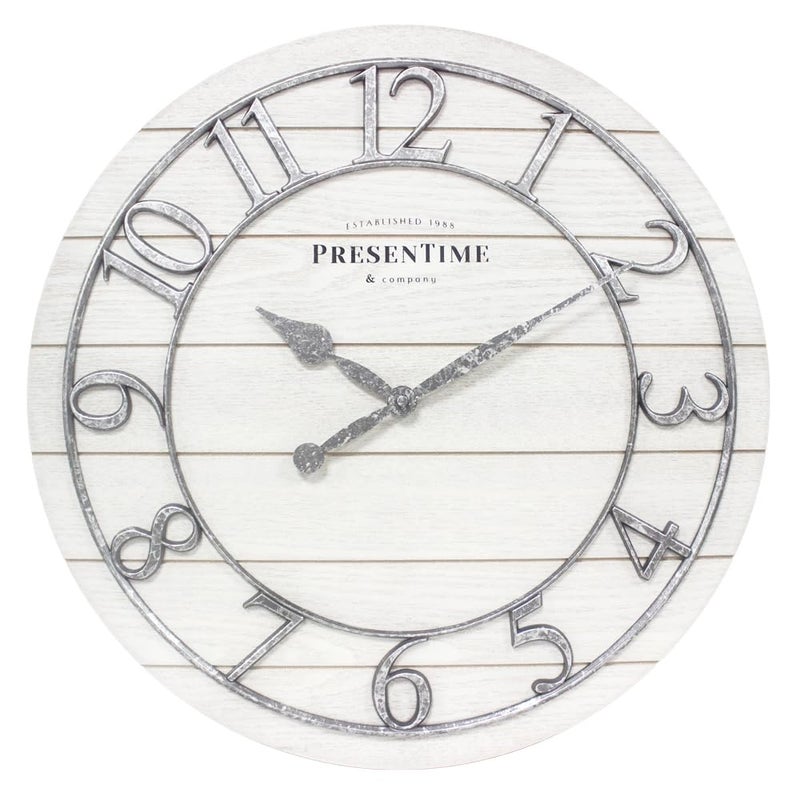 Presentime & Co Classic Farmhouse Shiplap Clock, 19.5 inch, Galvanized Finish Arabic Numerals with White Shiplap Style. Large Farmhouese Decor for Living Room, Entryway, Home Office. Wall Décor - Image 1