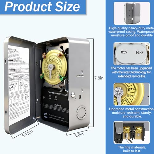 Bxmgr T101 Mechanical Timer Switch, T101 Pool Timer, 120V 2HP SPST 40A Time Switch, 24 Hour 12 ON/Off for Pool Pump, Heavy-Duty Mechanical Time Switches, for Lights Pumps HVAC Systems, 5 Years Warranty - Image 3