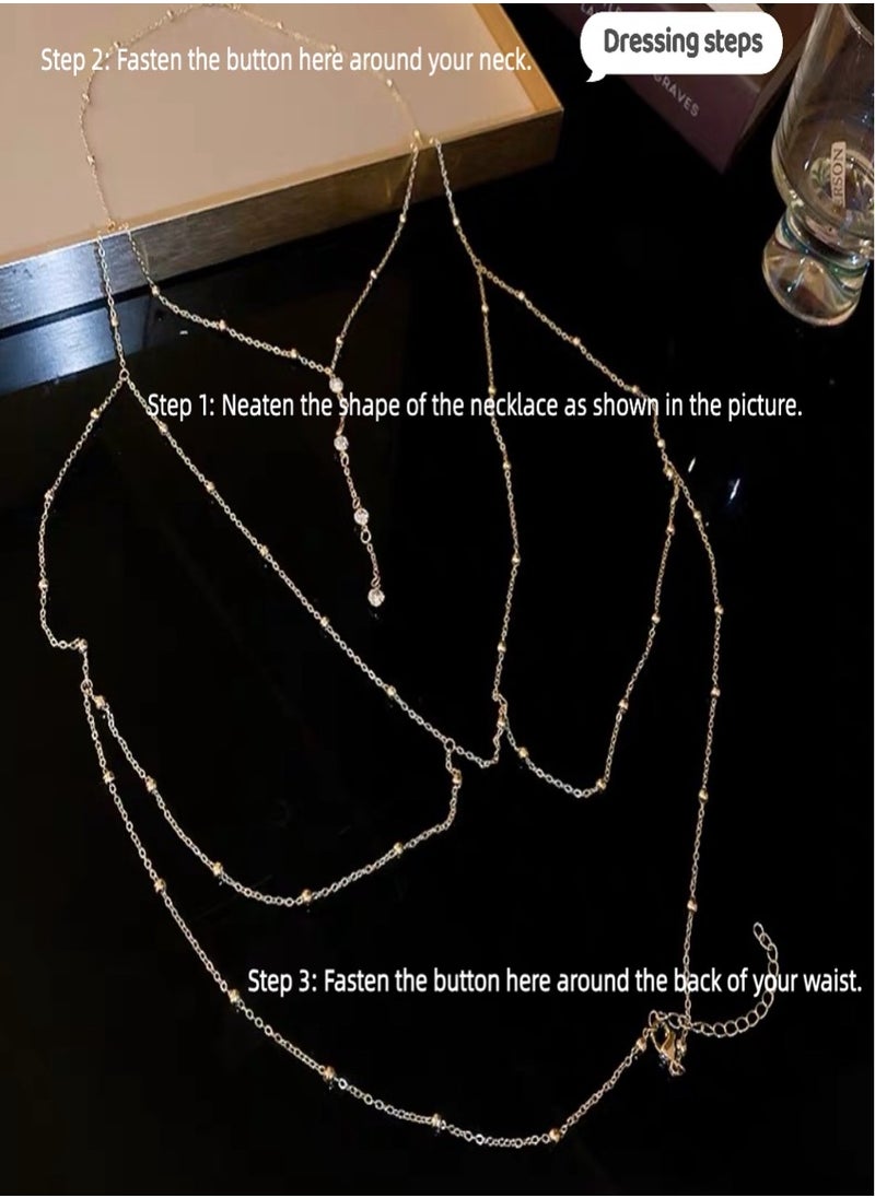 Catei Karrui Golden Crystal Body Chain Rhinestone Necklace Multilayer Beach Jewelry 
