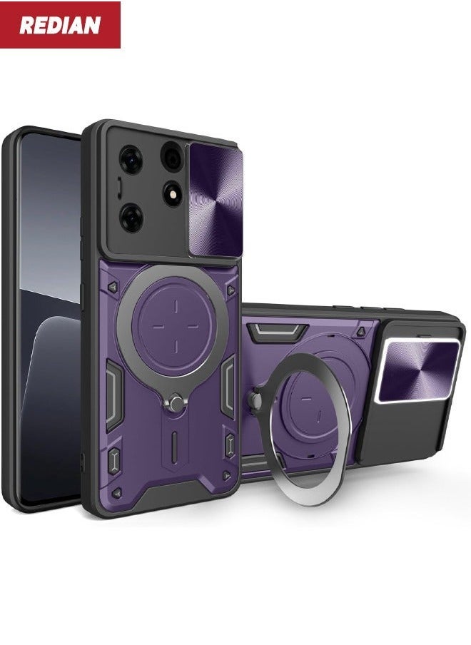 ITEL A70 Case, ITEL A70 Case Cover with Slide Camera Cover, Military Grade Heavy Duty Shockproof Protective Phone Cover Case with Round Ring Kickstand for ITEL A70 4G, Purple