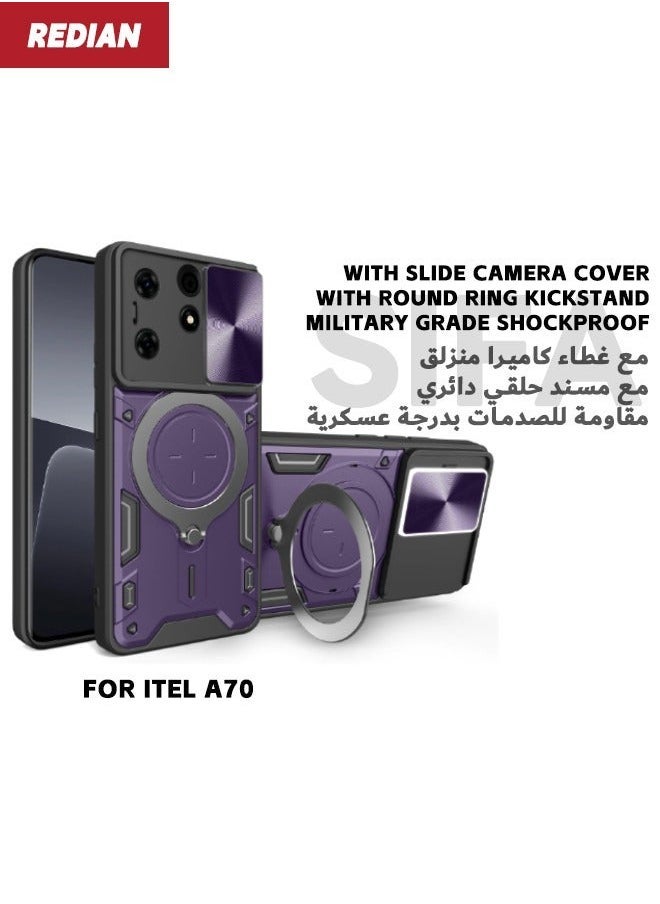 ITEL A70 Case, ITEL A70 Case Cover with Slide Camera Cover, Military Grade Heavy Duty Shockproof Protective Phone Cover Case with Round Ring Kickstand for ITEL A70 4G, Purple