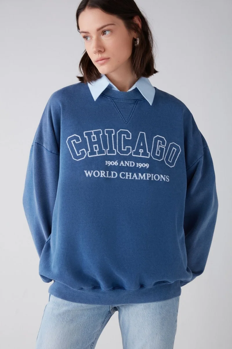 GRIMELANGE Amelia Women's Soft Polar Fleece Knitted Piece Printed City Themed Oversize Blue Sweatshirt