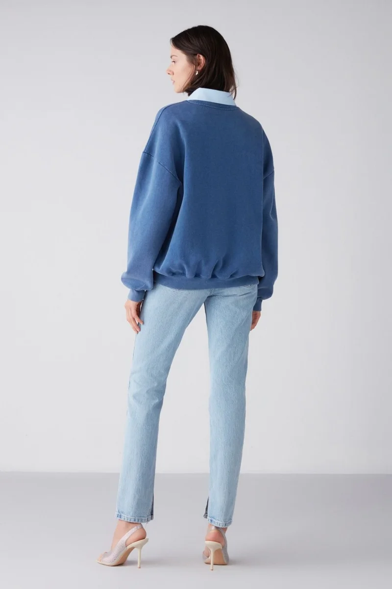 GRIMELANGE Amelia Women's Soft Polar Fleece Knitted Piece Printed City Themed Oversize Blue Sweatshirt