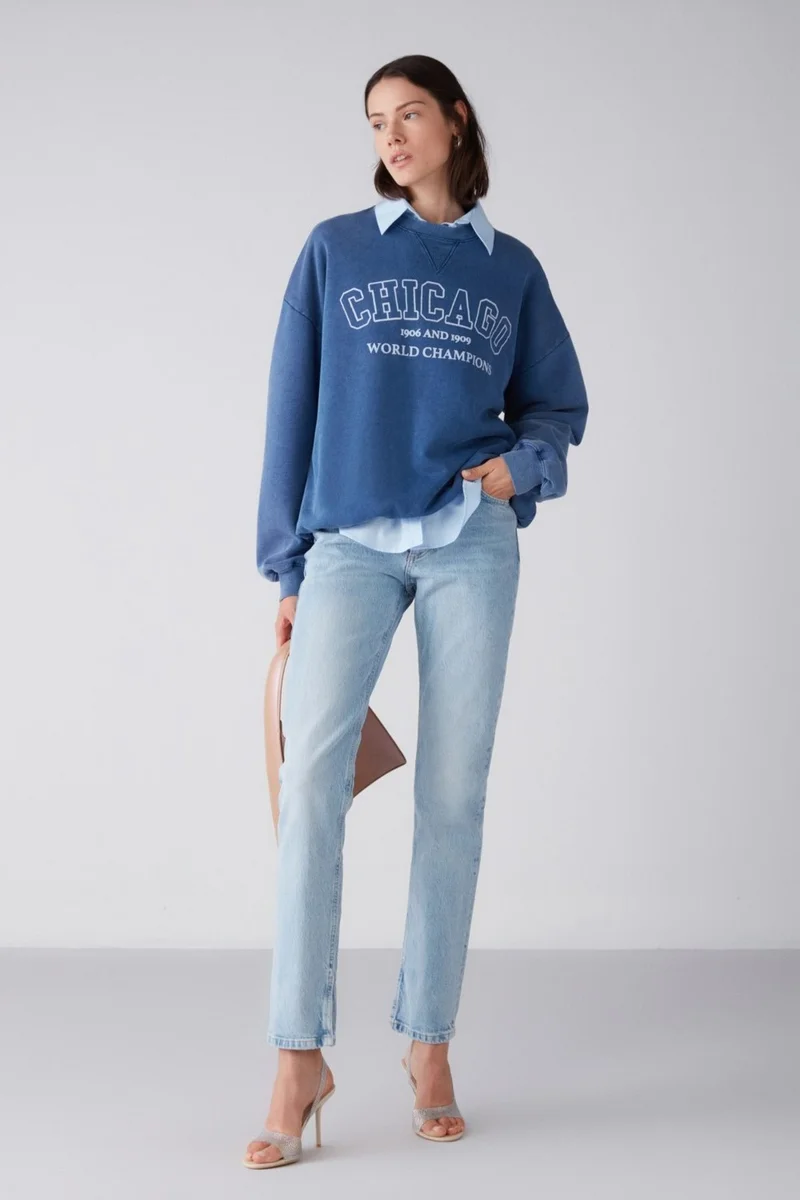 GRIMELANGE Amelia Women's Soft Polar Fleece Knitted Piece Printed City Themed Oversize Blue Sweatshirt