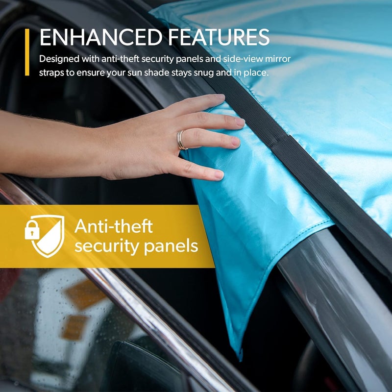 FrostGuard SolarGuard Plus Sunshade for Car Windshield - Reflective Car Shades for Windshield, Blocks Damaging UV Rays - for Use on Front Window Exterior, Includes Security Flaps - Pool Blue, XL Size - Image 4