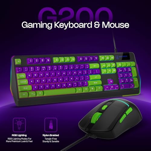 Archer Tech Lab Astra G300 Wired Gaming Keyboard and Mouse Combo| 87 Keys|19 Anti-Ghosting Keys|4 DPI (1200-1800-2400-3600)| 125Hz| 1.5 Mtr USB-C Cable| 5 Millions Click (GRN-PUR) - Image 2