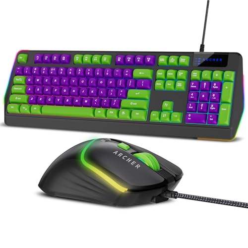 Archer Tech Lab Astra G300 Wired Gaming Keyboard and Mouse Combo| 87 Keys|19 Anti-Ghosting Keys|4 DPI (1200-1800-2400-3600)| 125Hz| 1.5 Mtr USB-C Cable| 5 Millions Click (GRN-PUR) - Image 1