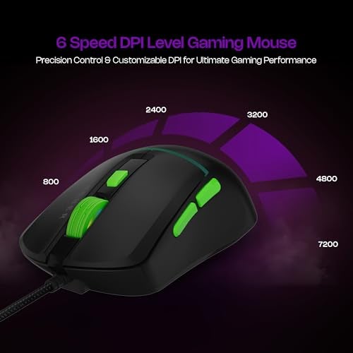 Archer Tech Lab Astra G300 Wired Gaming Keyboard and Mouse Combo| 87 Keys|19 Anti-Ghosting Keys|4 DPI (1200-1800-2400-3600)| 125Hz| 1.5 Mtr USB-C Cable| 5 Millions Click (GRN-PUR) - Image 5