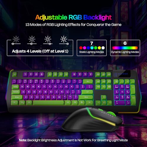 Archer Tech Lab Astra G300 Wired Gaming Keyboard and Mouse Combo| 87 Keys|19 Anti-Ghosting Keys|4 DPI (1200-1800-2400-3600)| 125Hz| 1.5 Mtr USB-C Cable| 5 Millions Click (GRN-PUR) - Image 4