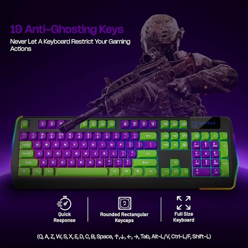 Archer Tech Lab Astra G300 Wired Gaming Keyboard and Mouse Combo| 87 Keys|19 Anti-Ghosting Keys|4 DPI (1200-1800-2400-3600)| 125Hz| 1.5 Mtr USB-C Cable| 5 Millions Click (GRN-PUR) - Image 3