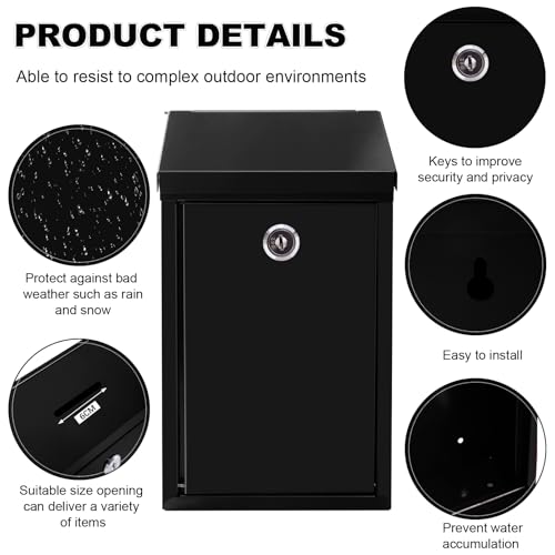 Sel Natural Metal Donation Box with Locking Suggestion Slot and Key - Wall Mounted Mailbox for Cash, Home Office, Outdoor (Black) - Image 3