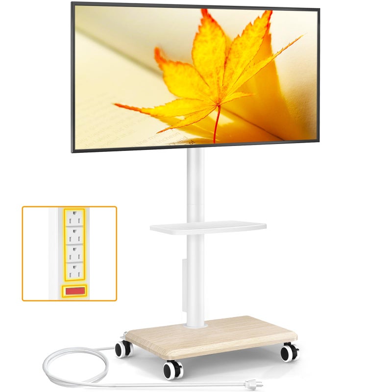 5Rcom Rolling TV Stand with Power Outlet for 32-60 inch TVs, Swivel and Height Adjustable Mobile TV Stand with Shelf, Strong TV Cart on Wheels up to 88 lbs for Living Room, Bedroom and Office, White - Image 1