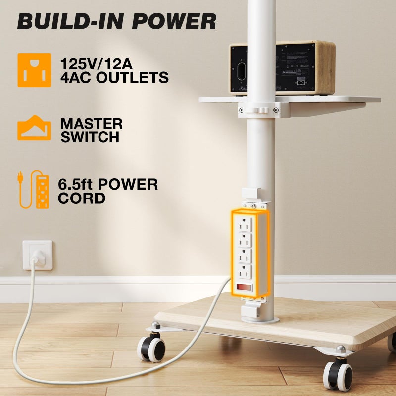 5Rcom Rolling TV Stand with Power Outlet for 32-60 inch TVs, Swivel and Height Adjustable Mobile TV Stand with Shelf, Strong TV Cart on Wheels up to 88 lbs for Living Room, Bedroom and Office, White - Image 2