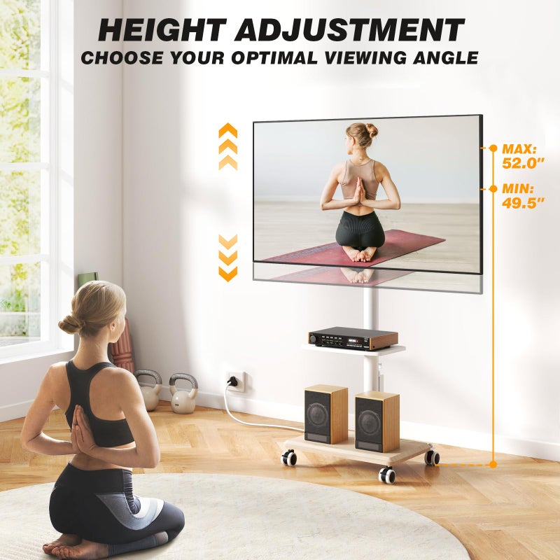 5Rcom Rolling TV Stand with Power Outlet for 32-60 inch TVs, Swivel and Height Adjustable Mobile TV Stand with Shelf, Strong TV Cart on Wheels up to 88 lbs for Living Room, Bedroom and Office, White - Image 3