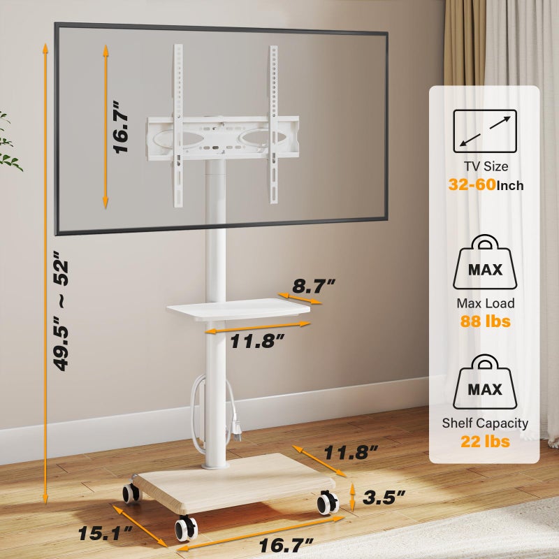 5Rcom Rolling TV Stand with Power Outlet for 32-60 inch TVs, Swivel and Height Adjustable Mobile TV Stand with Shelf, Strong TV Cart on Wheels up to 88 lbs for Living Room, Bedroom and Office, White - Image 5