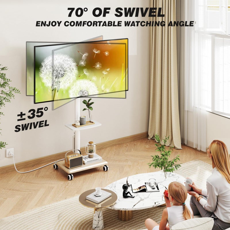 5Rcom Rolling TV Stand with Power Outlet for 32-60 inch TVs, Swivel and Height Adjustable Mobile TV Stand with Shelf, Strong TV Cart on Wheels up to 88 lbs for Living Room, Bedroom and Office, White - Image 4