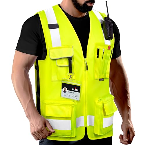 NoCry Premium Reflective Safety Vest for Men with HeavyDuty Stitching Phone Pocket ANSI Class 2 HighVisibility Neon Workwear with Multiple Pockets Ideal for Construction Workers Surveyors