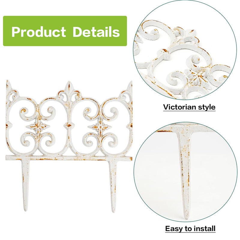 Sungmor Decorative Cast Iron Garden Edging, 4 Pack Rustic White Victorian Garden Edging Landscape Border, Vintage Metal Yard Stake Low Picket Fence, 10.6" Tall Outdoor Flower Bed Lawn Fence Panels - Image 5
