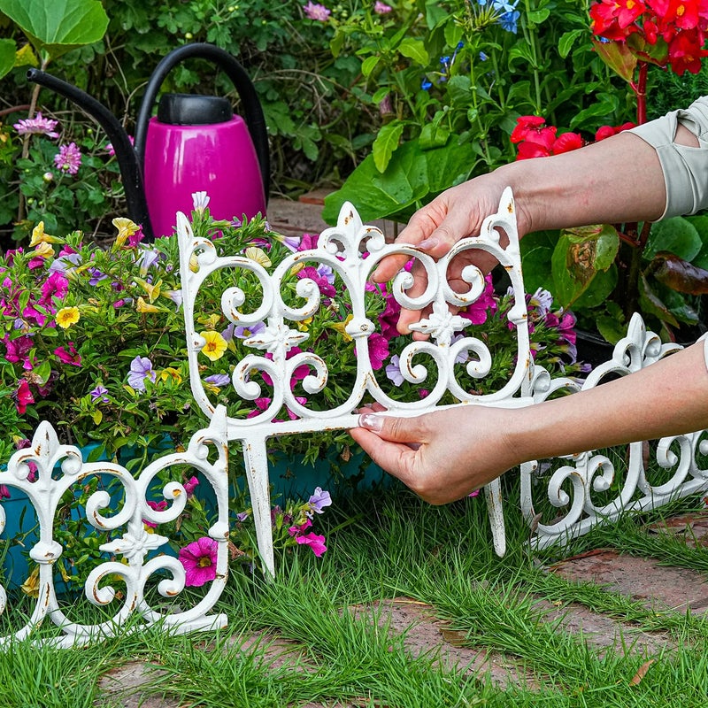Sungmor Decorative Cast Iron Garden Edging, 4 Pack Rustic White Victorian Garden Edging Landscape Border, Vintage Metal Yard Stake Low Picket Fence, 10.6" Tall Outdoor Flower Bed Lawn Fence Panels - Image 3