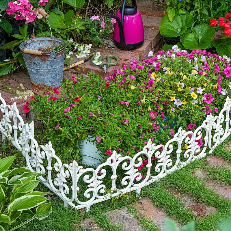 Sungmor Decorative Cast Iron Garden Edging, 4 Pack Rustic White Victorian Garden Edging Landscape Border, Vintage Metal Yard Stake Low Picket Fence, 10.6" Tall Outdoor Flower Bed Lawn Fence Panels - Image 2