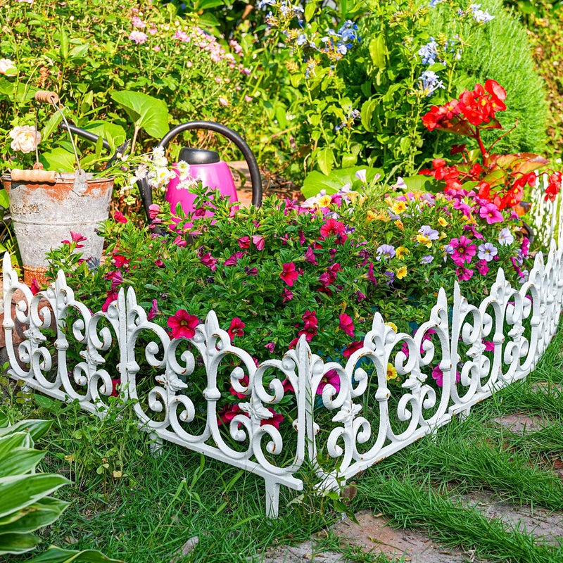Sungmor Decorative Cast Iron Garden Edging, 4 Pack Rustic White Victorian Garden Edging Landscape Border, Vintage Metal Yard Stake Low Picket Fence, 10.6" Tall Outdoor Flower Bed Lawn Fence Panels - Image 4