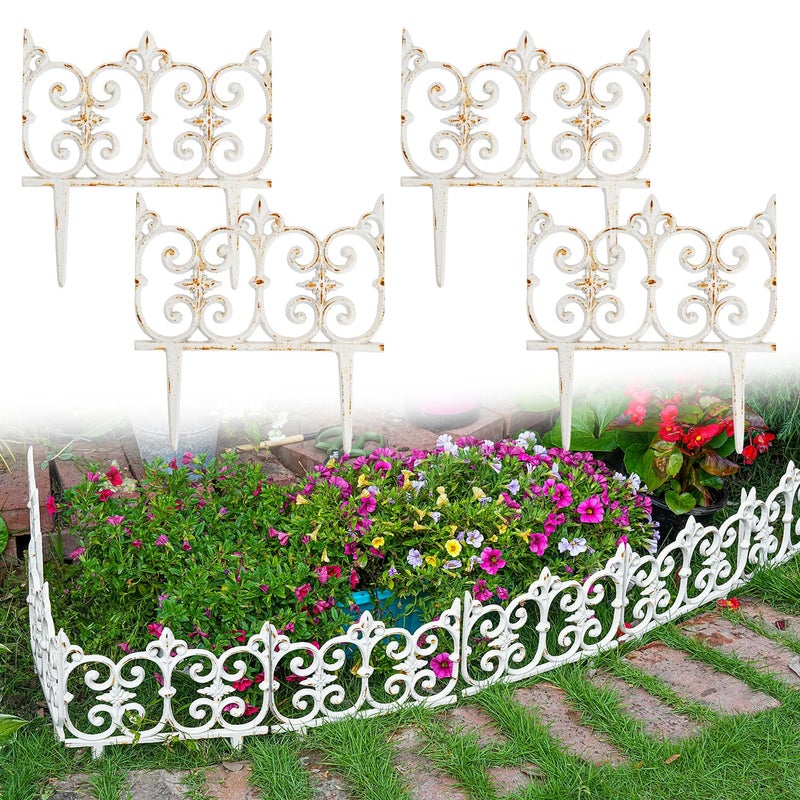Sungmor Decorative Cast Iron Garden Edging, 4 Pack Rustic White Victorian Garden Edging Landscape Border, Vintage Metal Yard Stake Low Picket Fence, 10.6" Tall Outdoor Flower Bed Lawn Fence Panels - Image 1
