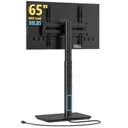 AX WABER Floor TV Stand with Power Outlet, Universal TV Stand Mount for 27-65 inch TV up to 88lbs, 70 Degree Swivel 9 Level Height Adjustable with Tempered Glass Base for Bedroom, Office Black - Image 1