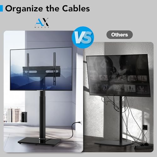 AX WABER Floor TV Stand with Power Outlet, Universal TV Stand Mount for 27-65 inch TV up to 88lbs, 70 Degree Swivel 9 Level Height Adjustable with Tempered Glass Base for Bedroom, Office Black - Image 5