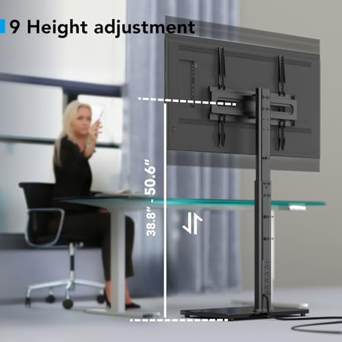 AX WABER Floor TV Stand with Power Outlet, Universal TV Stand Mount for 27-65 inch TV up to 88lbs, 70 Degree Swivel 9 Level Height Adjustable with Tempered Glass Base for Bedroom, Office Black - Image 3