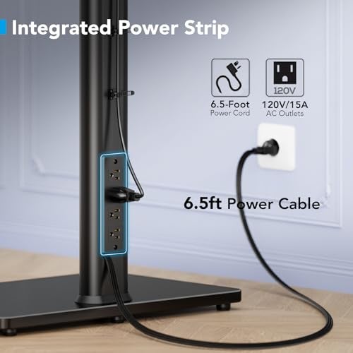 AX WABER Floor TV Stand with Power Outlet, Universal TV Stand Mount for 27-65 inch TV up to 88lbs, 70 Degree Swivel 9 Level Height Adjustable with Tempered Glass Base for Bedroom, Office Black - Image 2